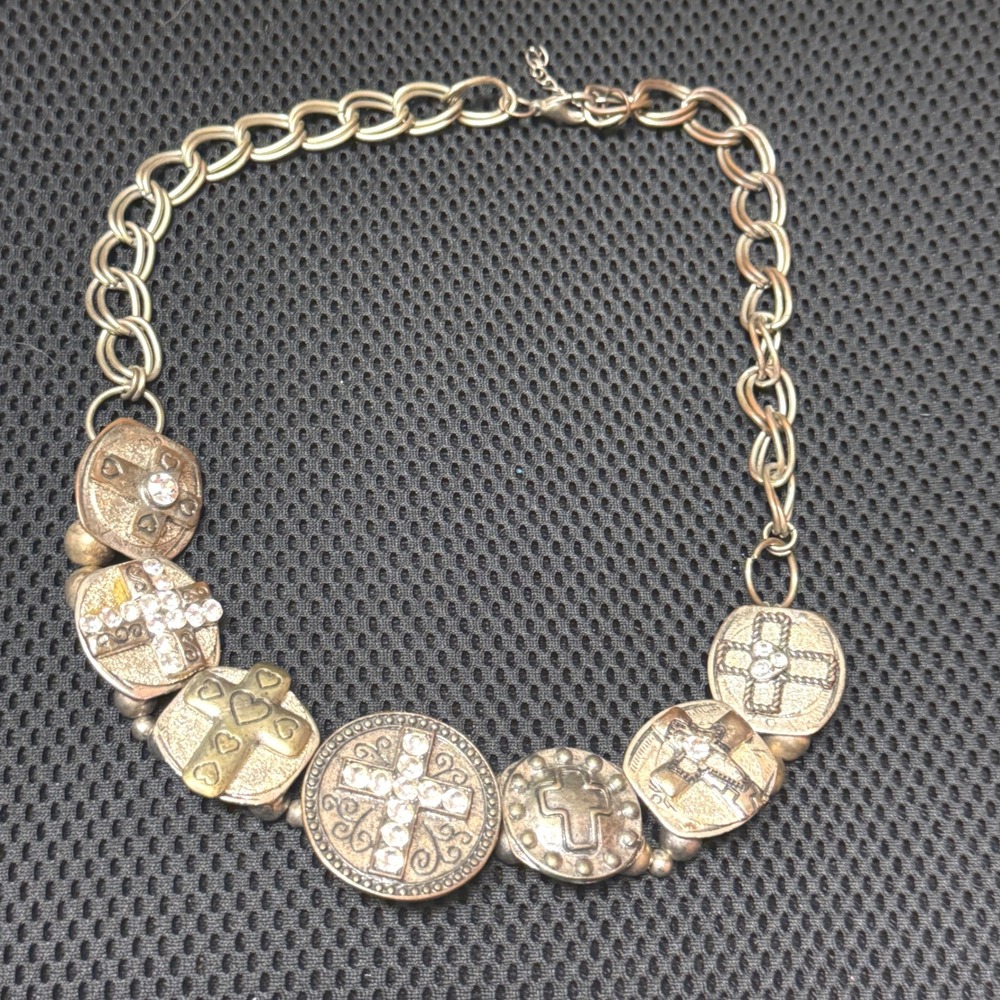 Vintage Style Pewter Tone Rhinestone Cross Medallion Statement Necklace 21.5"